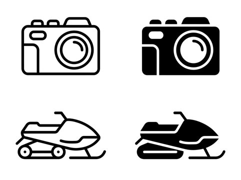 Compact digital camera and snowmobile vehicle icons in graphic styles