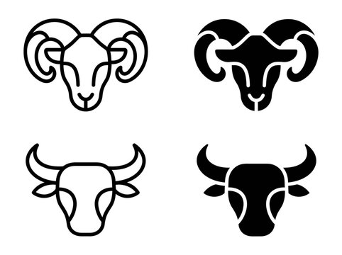 Set of ram and bull head outline and solid icons with astrology