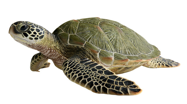 Green sea turtle with patterned shell and textured skin swimming