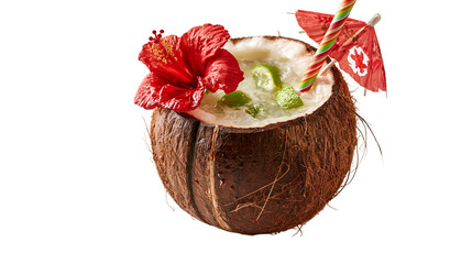 Fresh tropical coconut cocktail with lime slices, red hibiscus flower and umbrella © Andrei