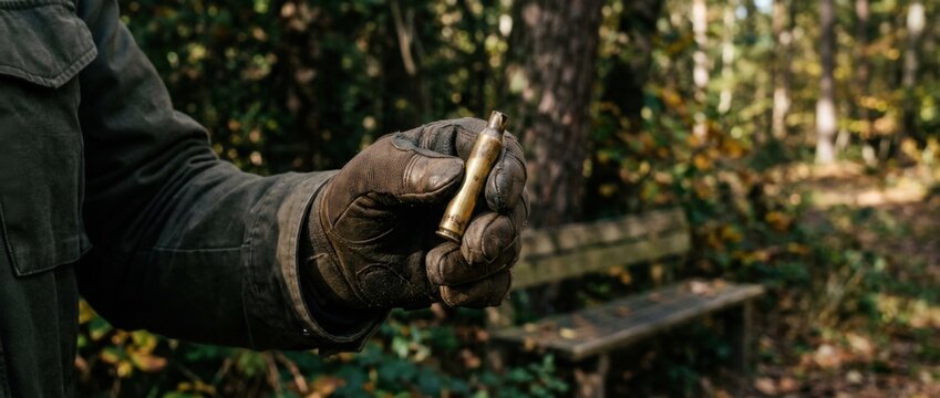 Hand holding bullet casing in forest autumn nature background exploration evidence lost item