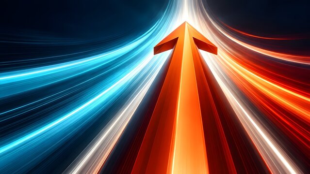 Sleek orange arrow shooting upward into bright light between blue and red energy streams symbolizing skyrocketing performance, digital speed, and financial momentum