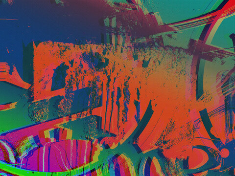 Abstract street art halftone background with orange and blue brushstrokes and cyan graffiti accents in a dense dot pattern. Pairs with rave and Y2K-adjacent campaign aesthetic for music album covers.