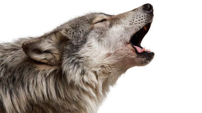 Howling grey wolf head with open mouth and closed eyes