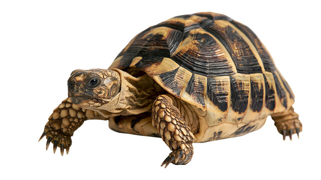 Hermanns tortoise with patterned brown and black shell and scaly skin