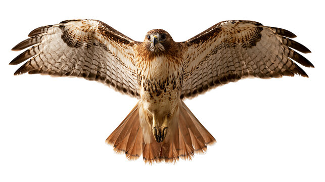 Red-tailed hawk in flight with wings spread wide and sharp talons visible