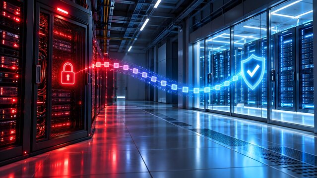 Encrypted Data Transfer Flowing Between Server Racks with Advanced Firewall Security Shield