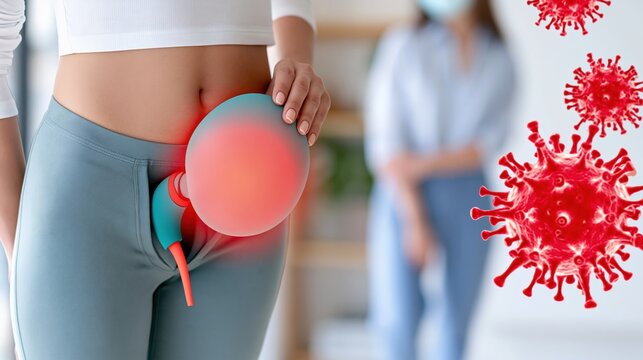 Person holds a medical device near the pelvic area alongside representations of viruses.