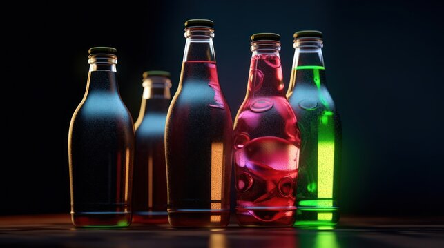 Assortment of Colorful Glass Bottles Filled with Refreshing Beverages.