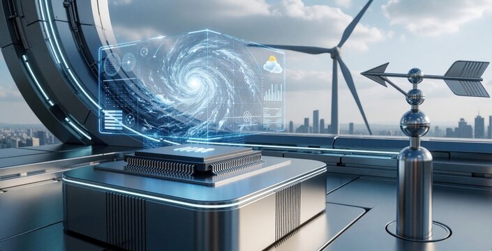 Futuristic LLM microchip displays holographic weather data, storm swirl interface. Wind turbine, weather vane stand near smart tech component. Digital forecast shows wind speed, clouds over modern