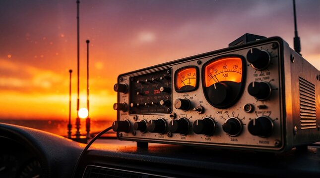 Vintage amateur radio transceiver sits on car dashboard at sunset. Retro electronic device with glowing orange dials connects to long antennae for wireless communication. Hobbyist uses old tech gear