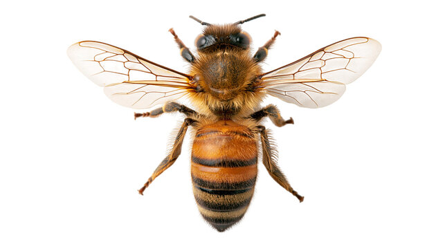 Detailed macro view of a honey bee with wings spread and fuzzy striped abdomen
