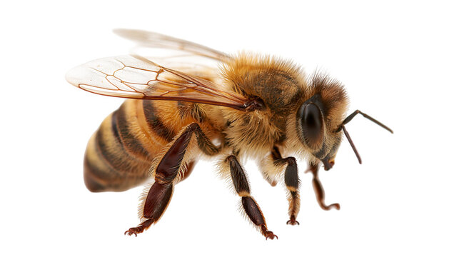 Detailed macro shot of a fuzzy honey bee with translucent wings and striped body