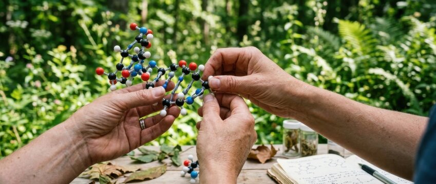 Hands assembling molecular model outdoors amidst greenery representing science and nature research