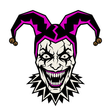 Terrifying flat vector dark fantasy icon of an evil court jester with razor teeth and cracked face paint for Halloween patches, emotes, and stickers.