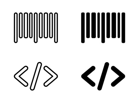 Linear barcode and programming code bracket icons in black and white