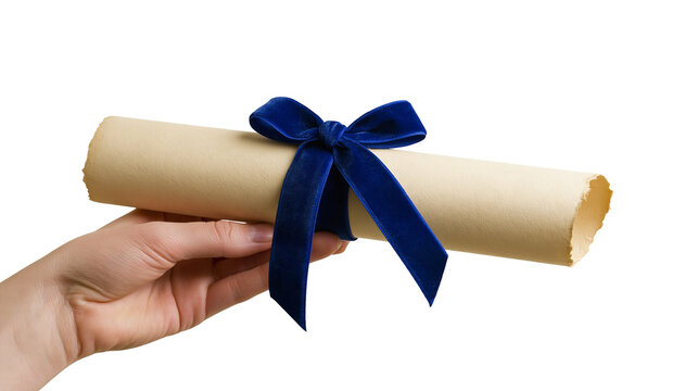 Hand holding a rolled parchment diploma tied with a dark blue velvet ribbon