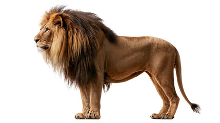Majestic adult male lion with thick dark mane standing in profile © Andrei