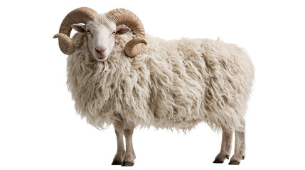 Large fluffy white ram with curved brown horns standing in profile © Andrei
