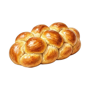 Watercolor illustration of a braided challah bread loaf on transparent background