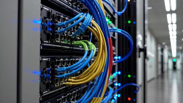 Server racks connect through blue and yellow network cables in data center. LEDs blink during cloud computing operations. Camera moves through secure server corridor for digital infrastructure.