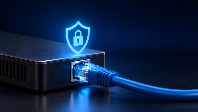 Data protection and cybersecurity represented by a blue ethernet cable connected to a network switch with a digital padlock shield