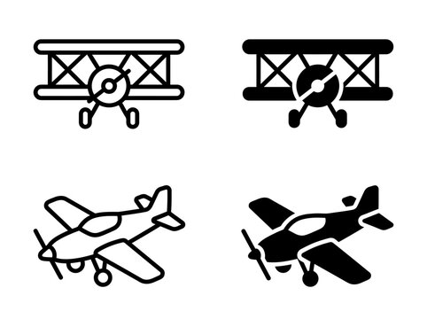 Biplane and light sport aircraft aviation line art icons set