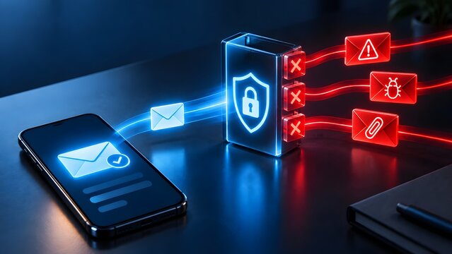Blue digital security gateway filtering out spam and malicious threat emails before they reach mobile phone