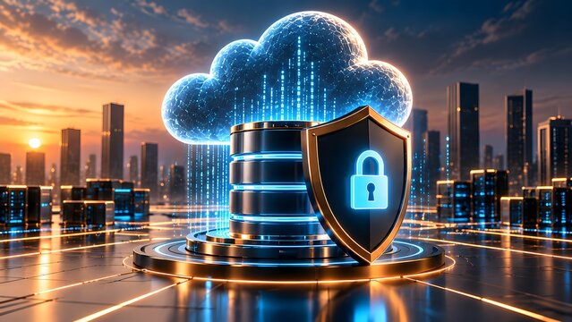 Cloud computing security concept with glowing database cylinder and protective padlock shield against a futuristic smart city skyline