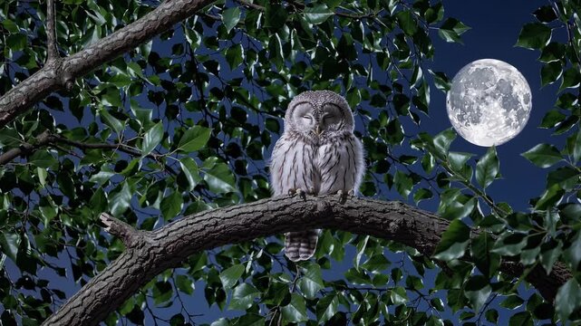 Sleepy owl rests on tree branch beneath full moon at night. Silver moonlight illuminates dark leaves and soft feathers. Peaceful nocturnal wildlife scene evokes mystery, nature, and conservation.