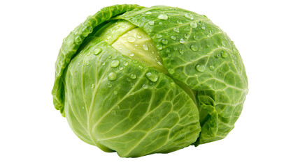 Fototapeta premium Fresh round green cabbage head with water droplets on textured leaves