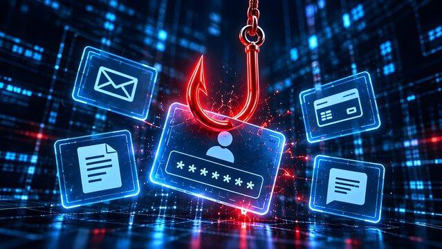 Red phishing hook capturing a glowing digital identity card among scattered data icons illustrating cyber security threats and password theft.