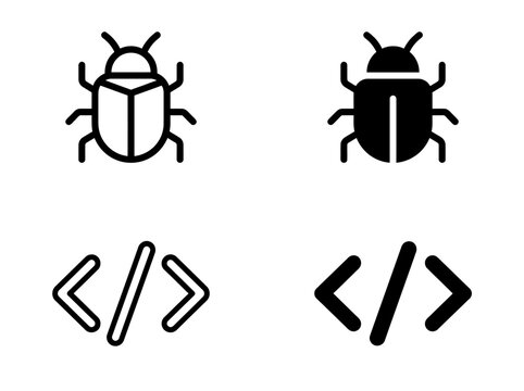 Software bug and programming code bracket icons set with programming