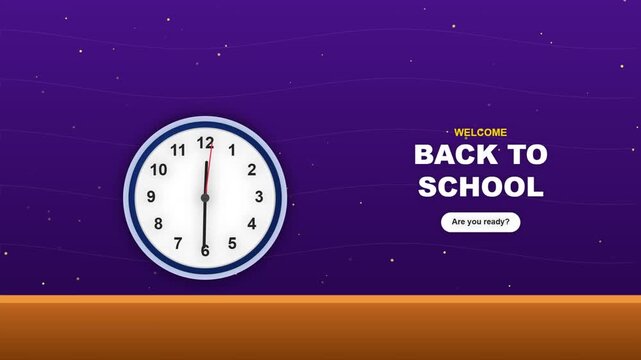 Back to school welcome motion graphic with animated spinning clock on purple background