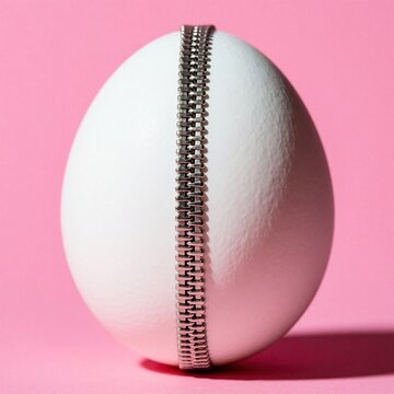 Surreal white egg with silver metal zipper down middle on pink background. Creative concept of opening shell secret idea. Minimalist 3D object with metallic texture shows unique design. Abstract art