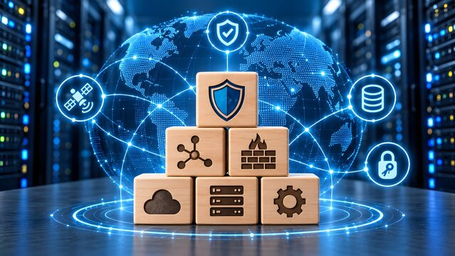 Comprehensive Global Cybersecurity Ecosystem Showing Multi Layered Defense Infrastructure With Holographic Tech Icons