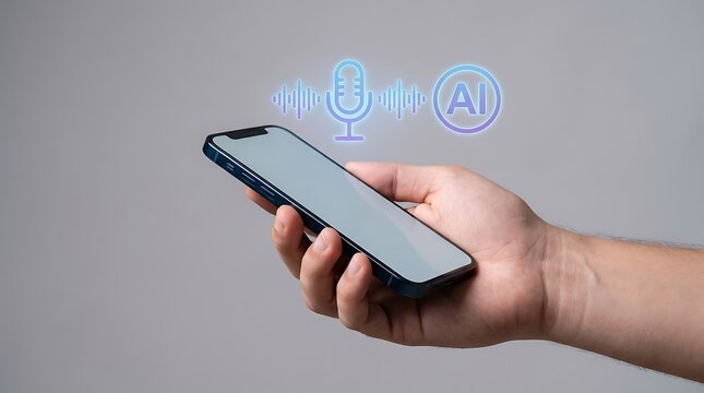 User holding a smartphone with glowing futuristic icons representing voice recognition and neural data processing