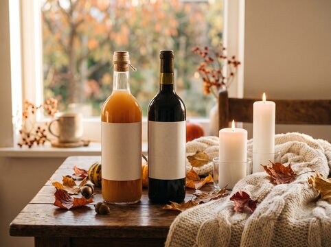 Apple cider and red wine bottles with blank labels on rustic wooden table, autumn leaves, candles and cozy sweater