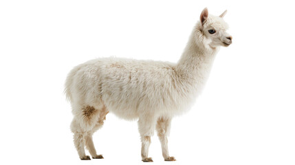 Fluffy white alpaca standing in profile view with thick woolly fur © Andrei