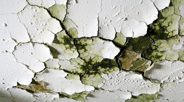 Close up of cracked white ceiling with green mold growth. Peeling paint mildew, water damage in old house. Damp surface shows fungus stain from leak, high humidity in indoor room basement area.