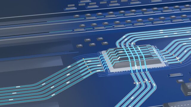 AI processor chip with cyan data lanes converging and left copy space
