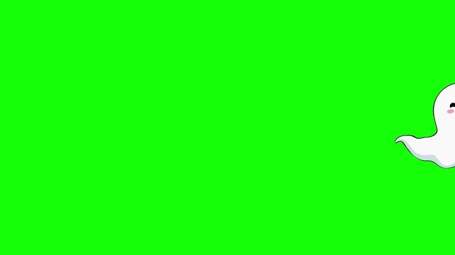 2D Halloween animation of a cute kawaii cartoon ghost wearing a purple witch hat and holding a jack-o-lantern pumpkin, flying across a green screen chroma key background.