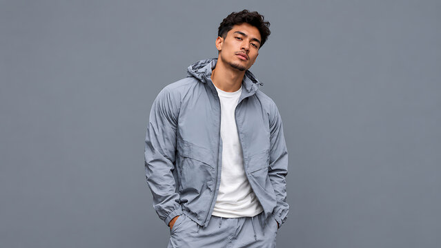 Young Man Wearing Gray Windbreaker and White T-Shirt in Minimal Studio