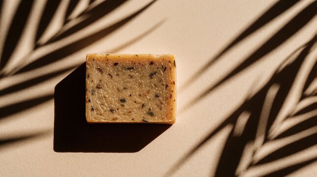 Natural handmade soap bar with organic botanical bits on beige background. Minimalist aesthetic beauty product features unique texture, soft palm leaf shadows. Sustainable eco friendly bodycare item