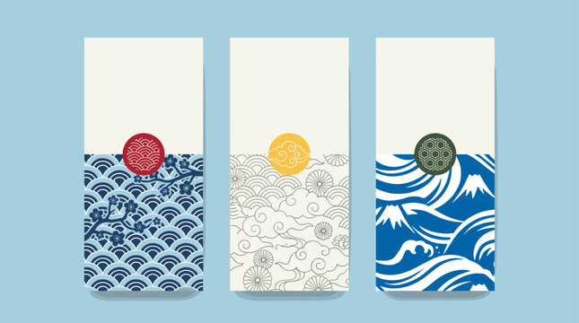 Japanese traditional patterns banners with wave and cherry blossom
