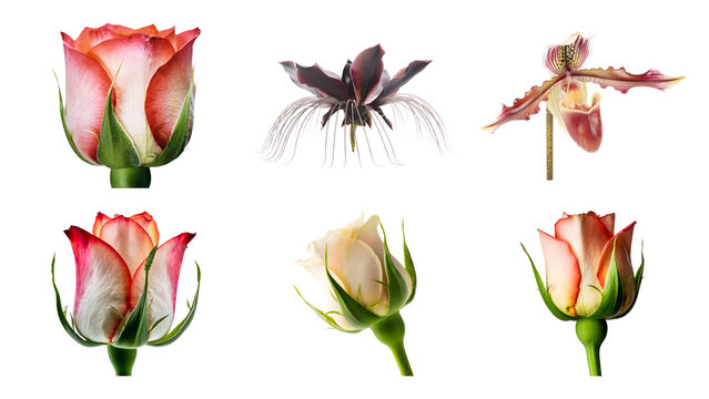 Isolated various beautiful tropical flowers and elegant rose buds collection featuring vibrant colors and delicate petals displayed on a transparent background for creative botanical design