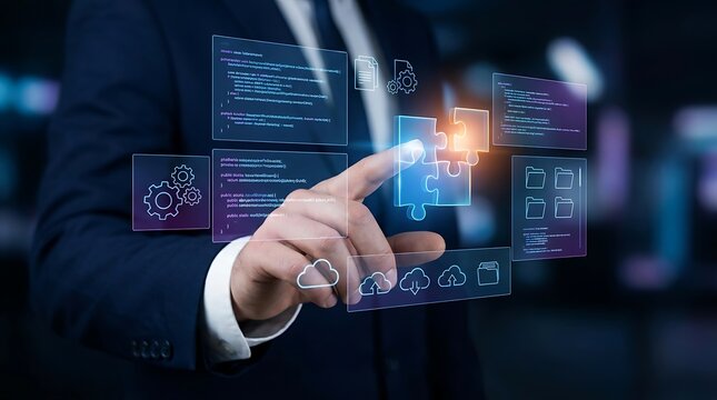 Professional man assembling digital puzzle interface representing business strategy and automation