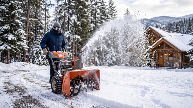 Person in winter wear using a heavy-duty orange snow blower to clear a snowy driveway near a wooden cabin in a snowy winter forest.