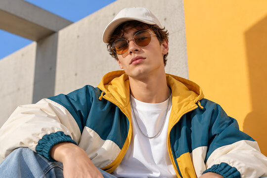 Young Man Wearing Blue Yellow Windbreaker and Sunglasses in Urban Setting