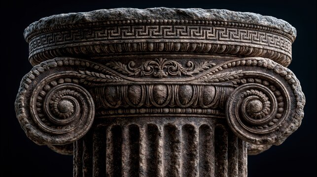 Ancient Greek Ionic Capital: A detailed close-up showcases the intricate scrollwork and fluting of an ancient Ionic column capital, a testament to classical architecture and enduring artistry.